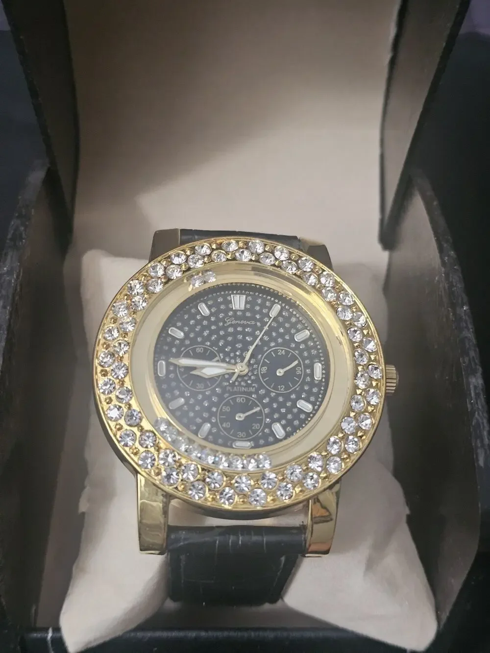 56.6mm gold tonecrystal bezel Fashion Analog Quartz watch w/Genuine Leather Band